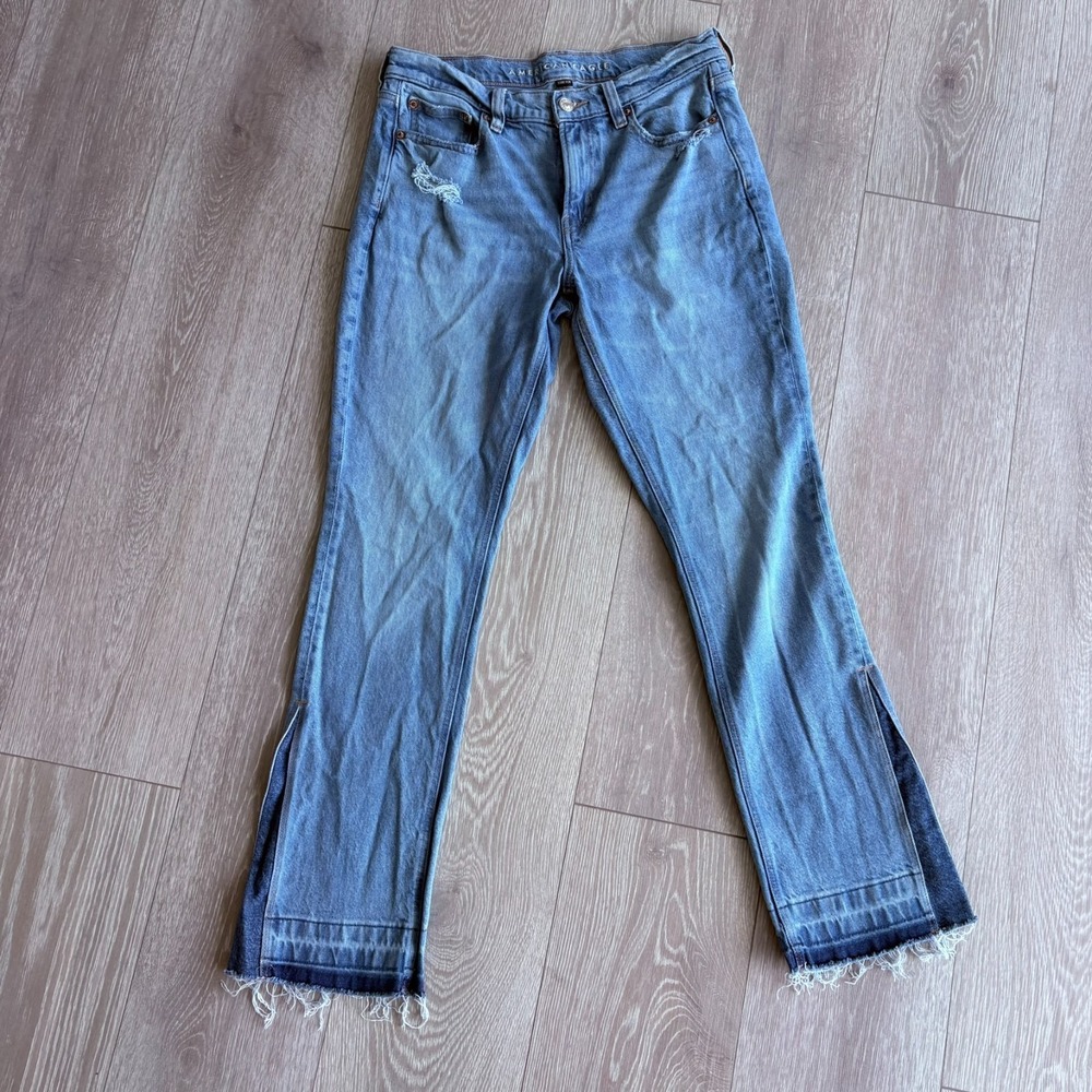 American Eagle Womens Blue Split Hem Raw Edge 90s Kick Jeans Size 8 Short